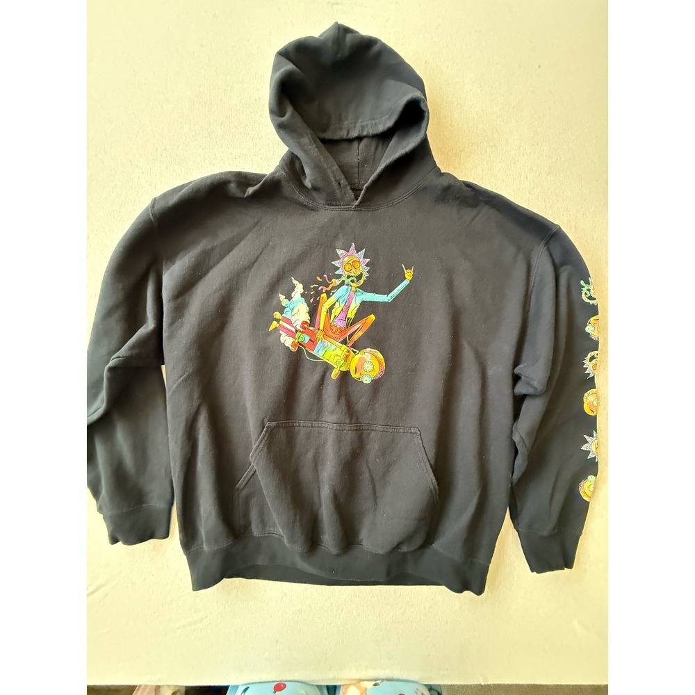 Rick and Morty Skateboard Graphic Hoodie Black Neon Trippy Pullover Mens XL